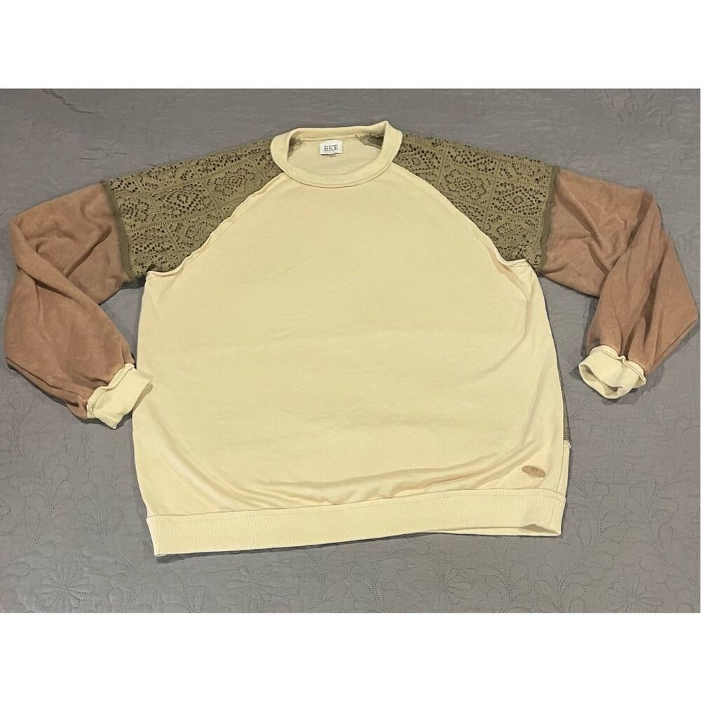 BKE Pieced Crochet Pullover Sweatshirt Cream Large